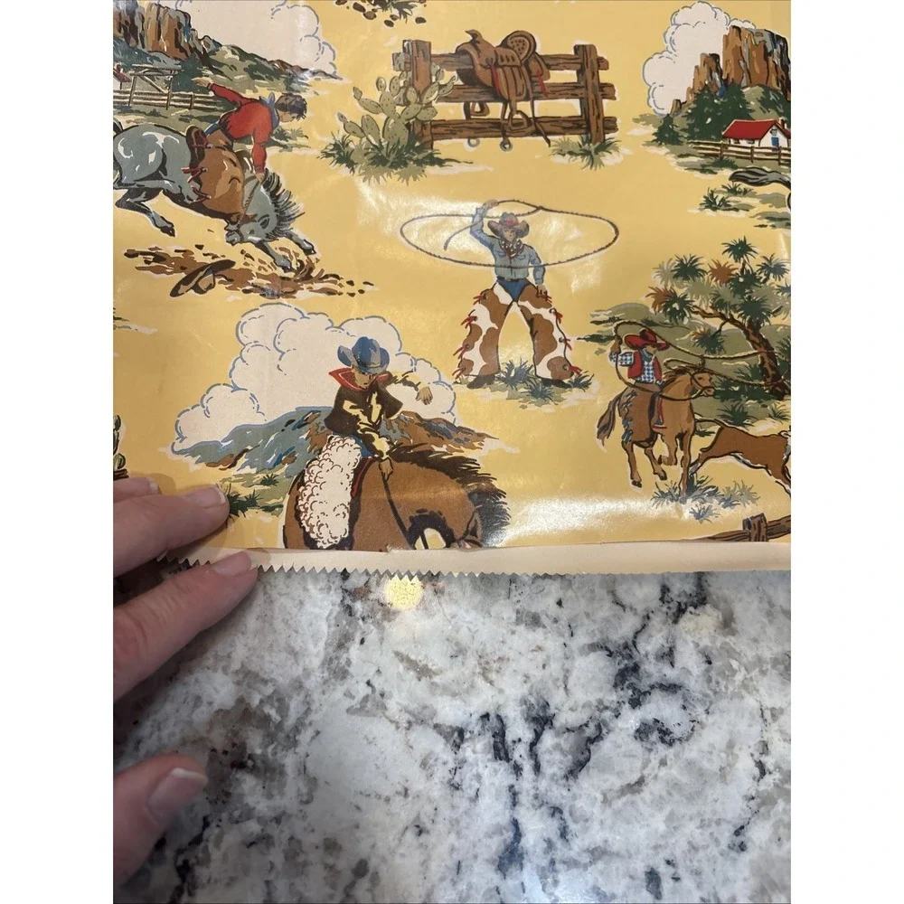 VTG Sheet of Cowboy Wrapping Paper 25 1/2x30 Horses‎ Cow Saddle Wild West Lasso